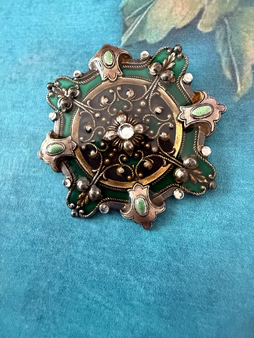Small Ornate Green and Gold Decorative Brooch Accent